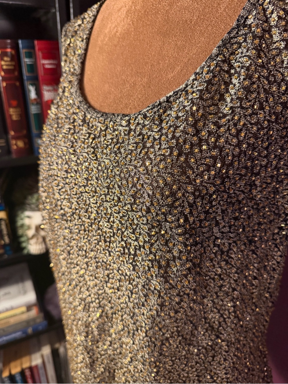 Vintage Oleg Cassini Sparkling Black & Gold Scoop Neck Women's top